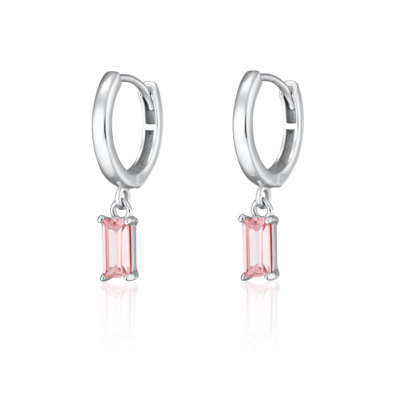 Baguette Charm Hoop Earrings - Silver/Pink - SPS-427