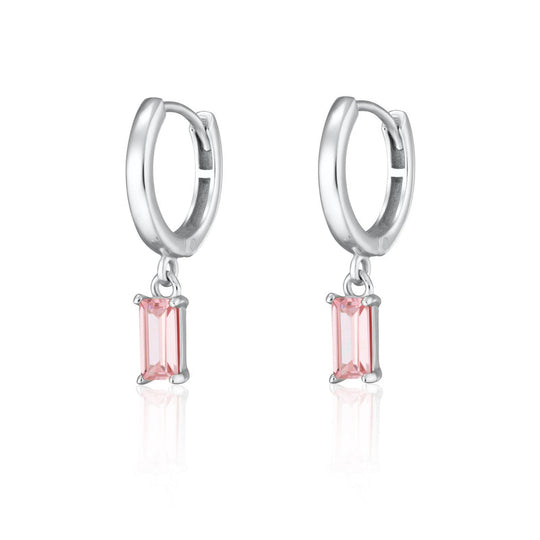 Baguette Charm Hoop Earrings - Silver/Pink - SPS-427