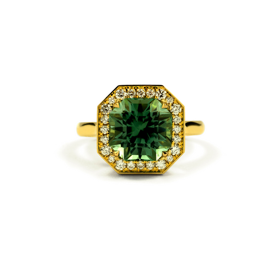 Radiant Cut Green Tourmaline Ring, 3.59ct - 18ct Yellow Gold
