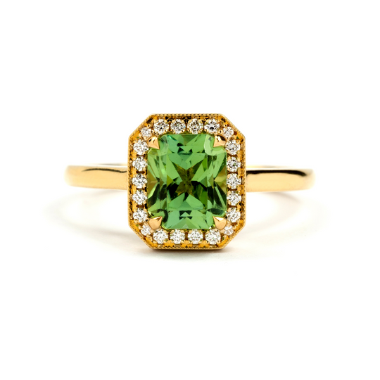 Radiant Cut Green Tourmaline Ring, 1.51ct - 18ct Yellow Gold