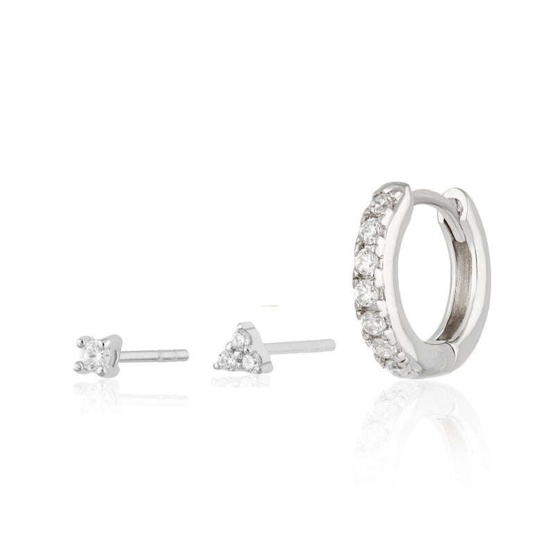 Sparkling Trinity Set of 3 Earrings - Silver - SPS-218-48-142