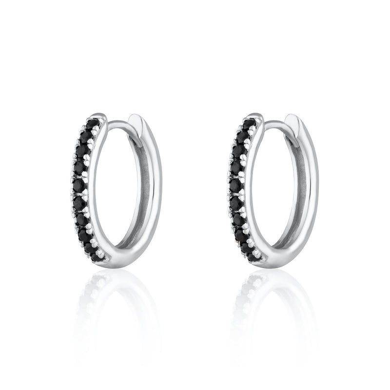 Black Stone Large Huggie Hoop Earrings - Silver - SPS-75