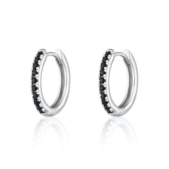 Black Stone Large Huggie Hoop Earrings - Silver - SPS-75