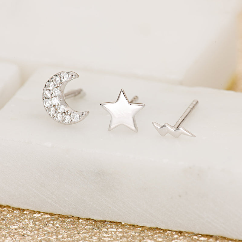 Celestial Set of 3 Single Stud Earrings - Silver - SPESSS24-25-26