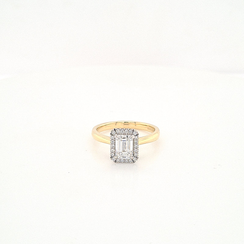 18ct Yellow Gold Emerald Cut Diamond Halo Engagement Ring - 0.90ct