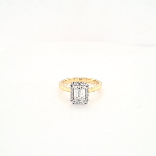 18ct Yellow Gold Emerald Cut Diamond Halo Engagement Ring - 0.90ct