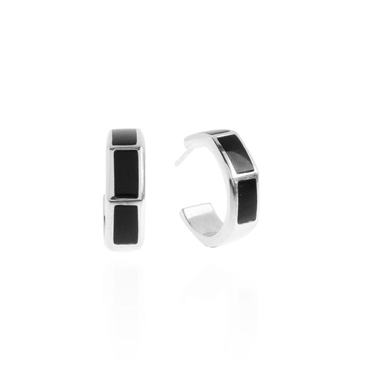 Black Onyx Rectangle Hoop Earrings - Silver - ER10376-SBONX