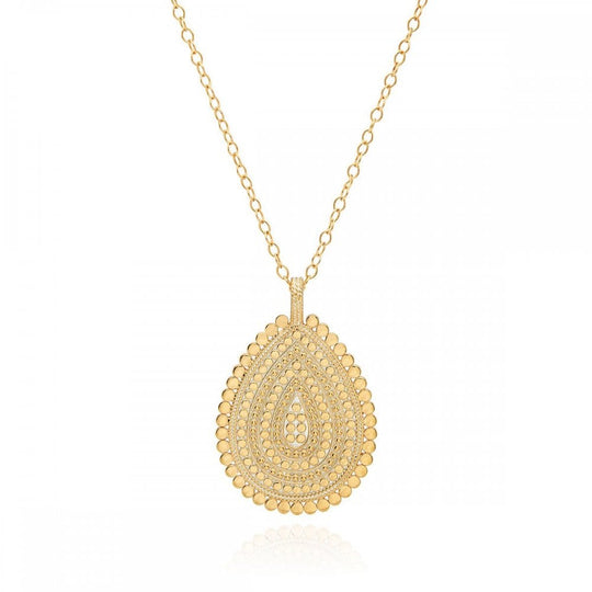 Large Scalloped Teardrop Necklace - Gold - NK10216-GLD