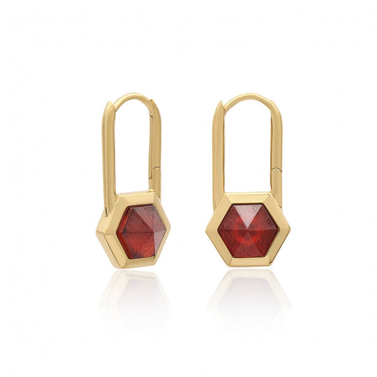 Garnet Hexagon Padlock Hoop Earrings - Gold - HXPE1GAGP