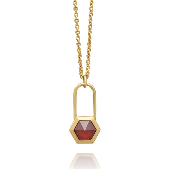 Garnet Hexagon Padlock Necklace - Gold - HXPN5GAGP