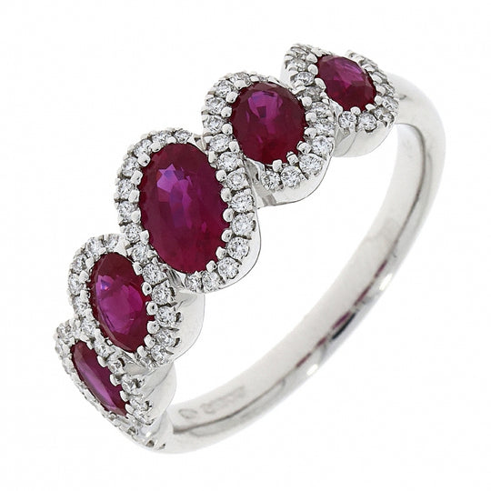18ct White Gold 5 Stone Ruby & Diamond Ring, Size L