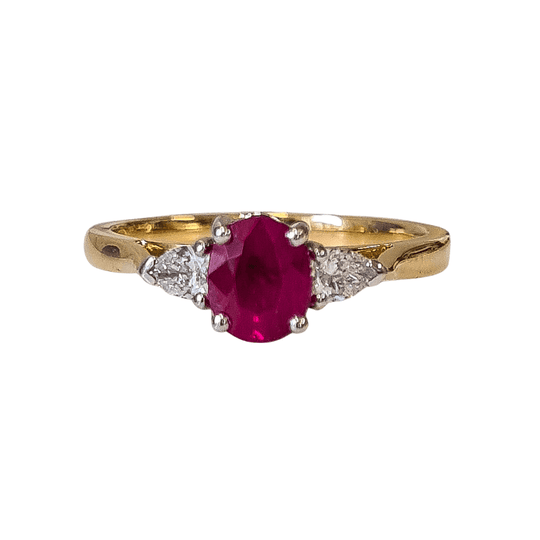 18ct Yellow & White Gold, Ruby & Diamond Oval 3 stone Ring