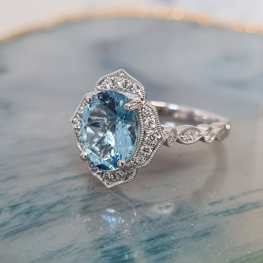 Aquamarine & Diamond Ring - 18ct White Gold - 9152AQW