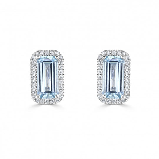 Elongated Aquamarine & Diamond Halo Earrings - White Gold