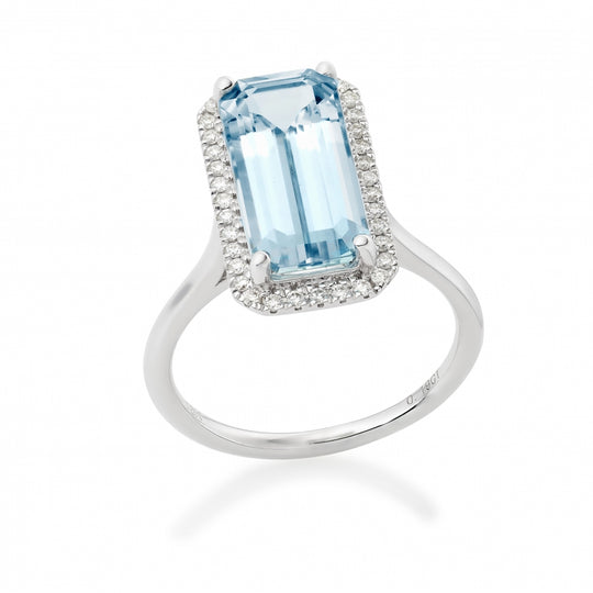 Elongated Aquamarine & Diamond Halo Ring - White Gold