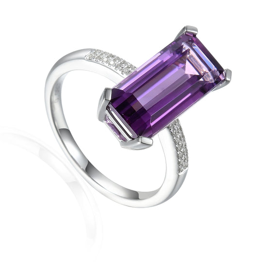 Elongated Dark Amethyst & Diamond Ring - White Gold - NTR2000AMD-9WG