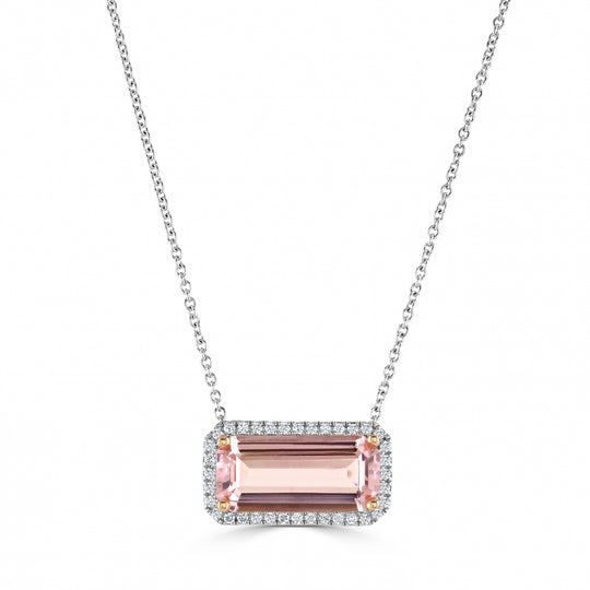 Elongated Morganite & Diamond Halo Pendant - White Gold