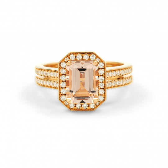 Emerald Cut Morganite & Diamond Ring - 18ct Rose Gold
