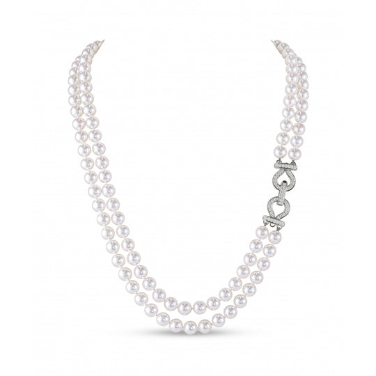 Pearl & Diamond 2 Row Necklace - White Gold - MAN31-WG