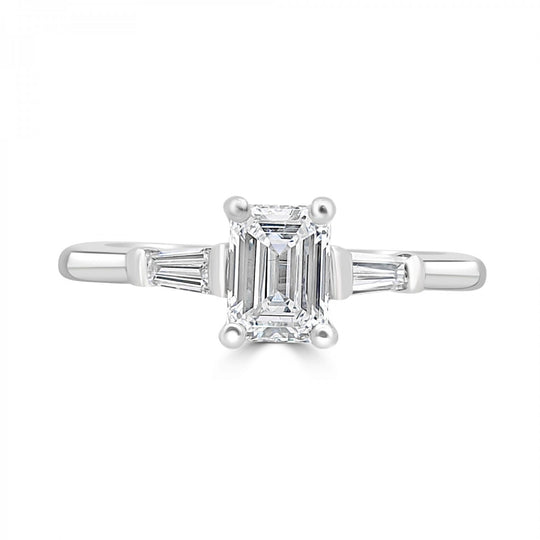Platinum Emerald Cut Diamond Trilogy Engagement Ring - 0.67ct