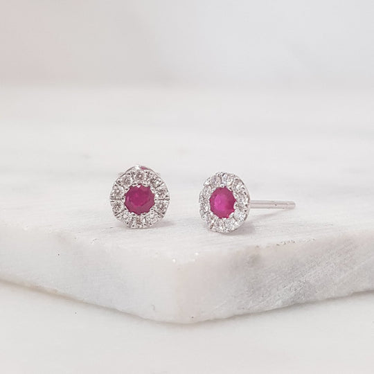 Ruby & Diamond Stud Earrings - 18ct White Gold