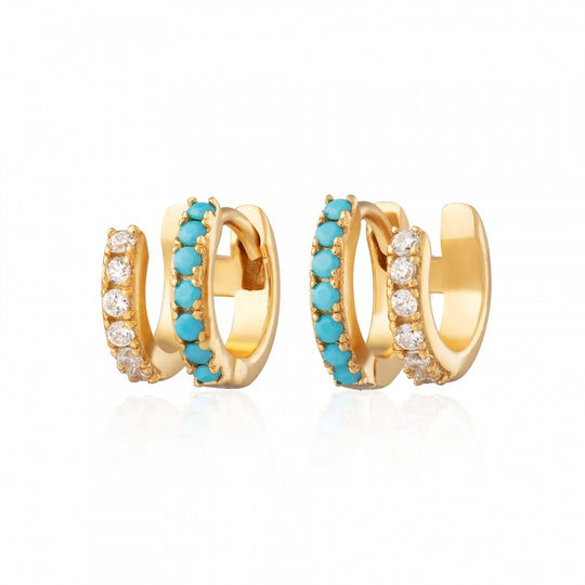 Double Huggie Hoop Earrings - Gold/Turquoise - SPG-360