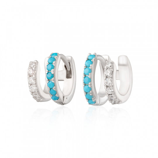 Double Huggie Hoop Earrings - Silver/Turquoise - SPS-360