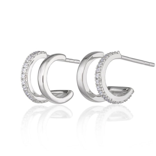 Double Huggie Hoop Stud Earrings - Silver