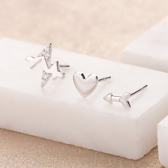 Heartbeat Set of 3 Single Stud Earrings - Silver