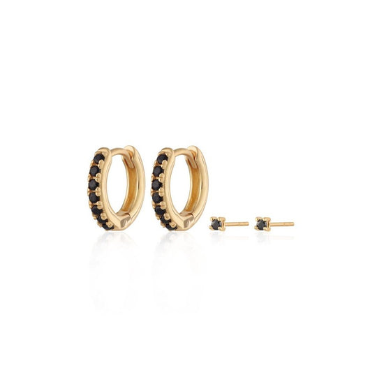 Huggie and Tiny Stud Earring Set - Gold/Black - SPEJSGS52-141