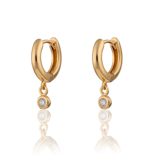 Huggie Earrings with Single Drop Sparkle - Gold