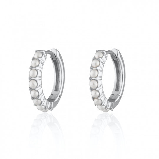 Large Pearl Huggie Hoop Earrings - Silver - SPS-74