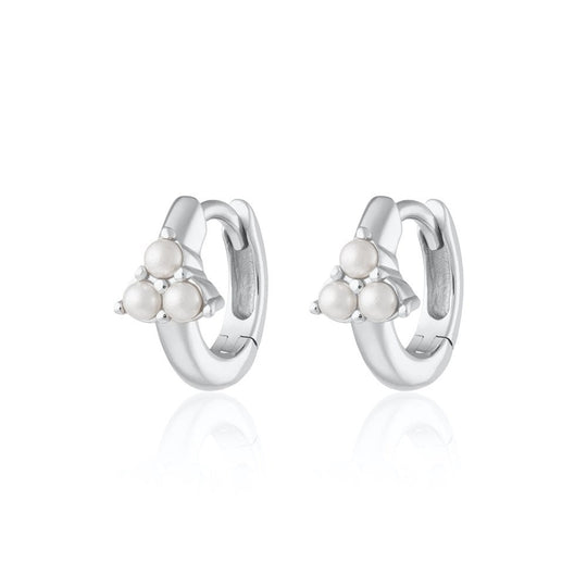Pearl Trinity Huggie Hoop Earrings - Silver - SPS-37