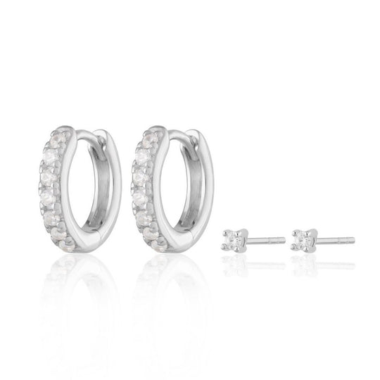 Sparkle Huggie & Tiny Stud Earring Set - Silver - SPEJSSS48-142