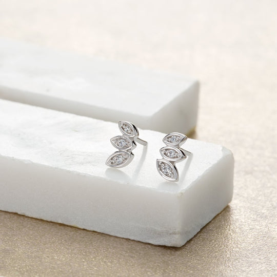 Sparkling Three Petal Stud Earrings - Silver