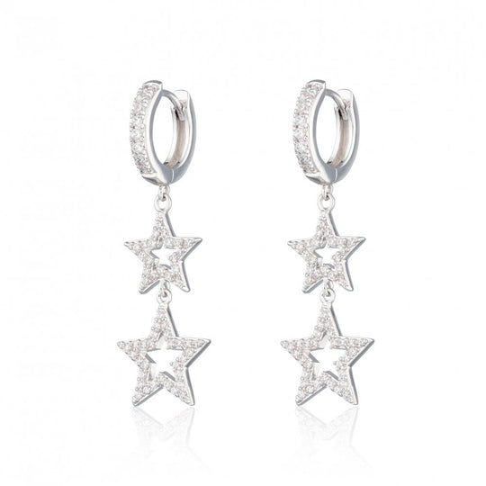 Statement Double Star Hoop Earrings - Silver