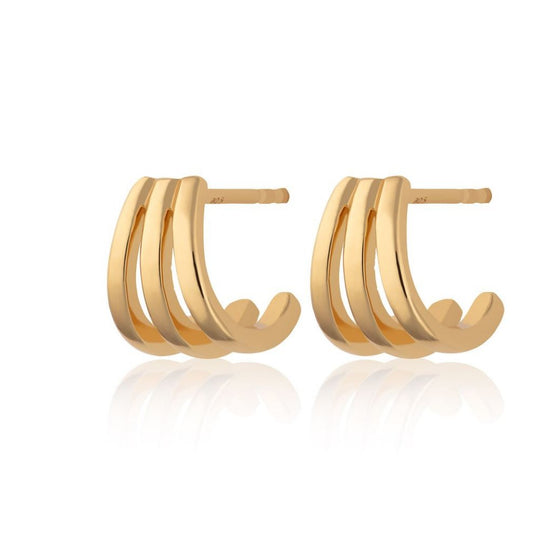 Triple Split Huggie Stud Earrings - Gold - SPG-198