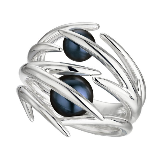 Hooked Black Pearl Ring, Size M - Silver - CB056.SSBKRZM