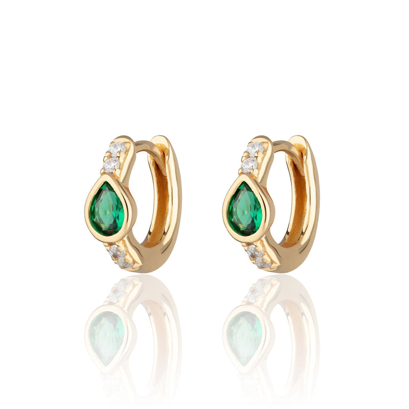 Green Teardrop Huggie Hoop Earrings - Gold - SPG-289