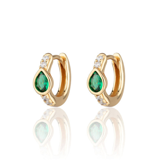 Green Teardrop Huggie Hoop Earrings - Gold - SPG-289