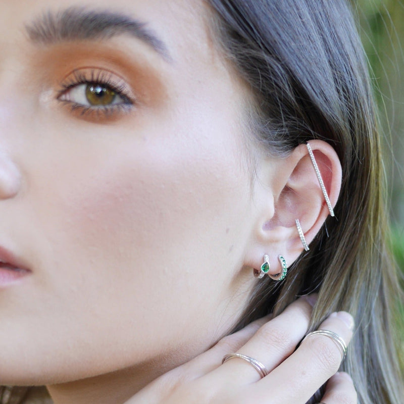 Green Teardrop Huggie Hoop Earrings - Silver - SPS-289