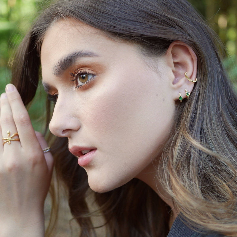 Green Teardrop Huggie Hoop Earrings - Silver - SPS-289