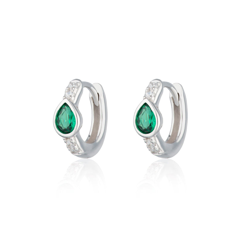 Green Teardrop Huggie Hoop Earrings - Silver - SPS-289