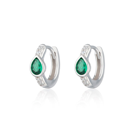 Green Teardrop Huggie Hoop Earrings - Silver - SPS-289