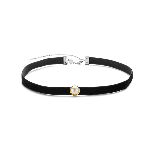 Pearl Fabric Choker Necklace - Black/Silver - 34006PW/34