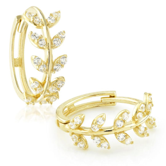 Gem Leaf Huggie Hoop Earrings - Gold - TLEH7