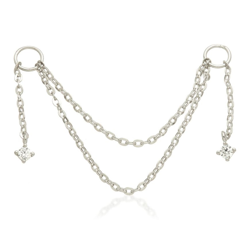 Hanging Double Chain Charm With Gems - White Gold - TLCHAIN12-9K-W