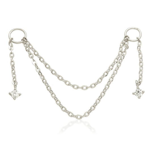 Hanging Double Chain Charm With Gems - White Gold - TLCHAIN12-9K-W