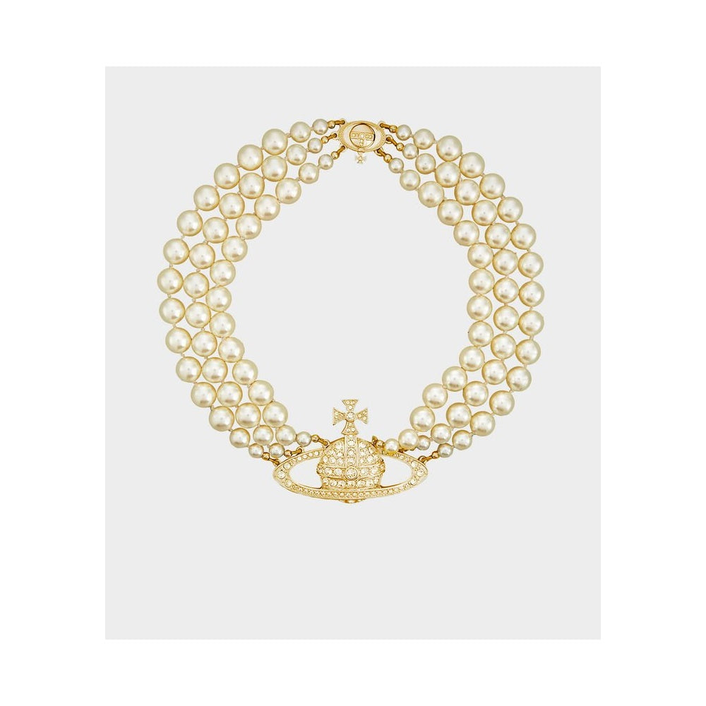 Three Row Pearl Bas Relief Choker - Gold - 63030007-R117-CN